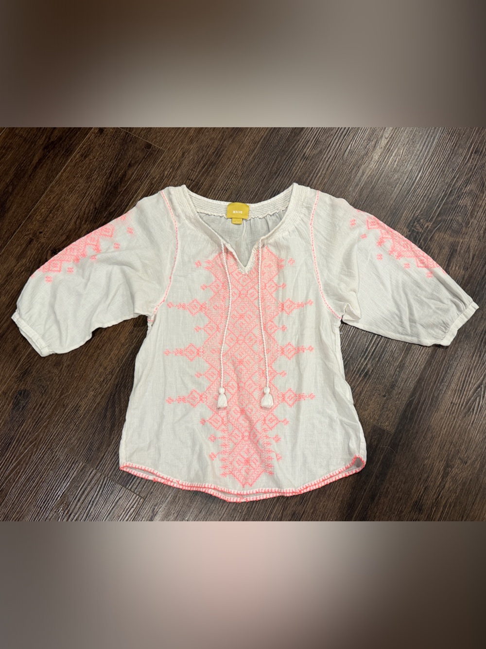 Maeve White Peasant Top with Pink Embroidery